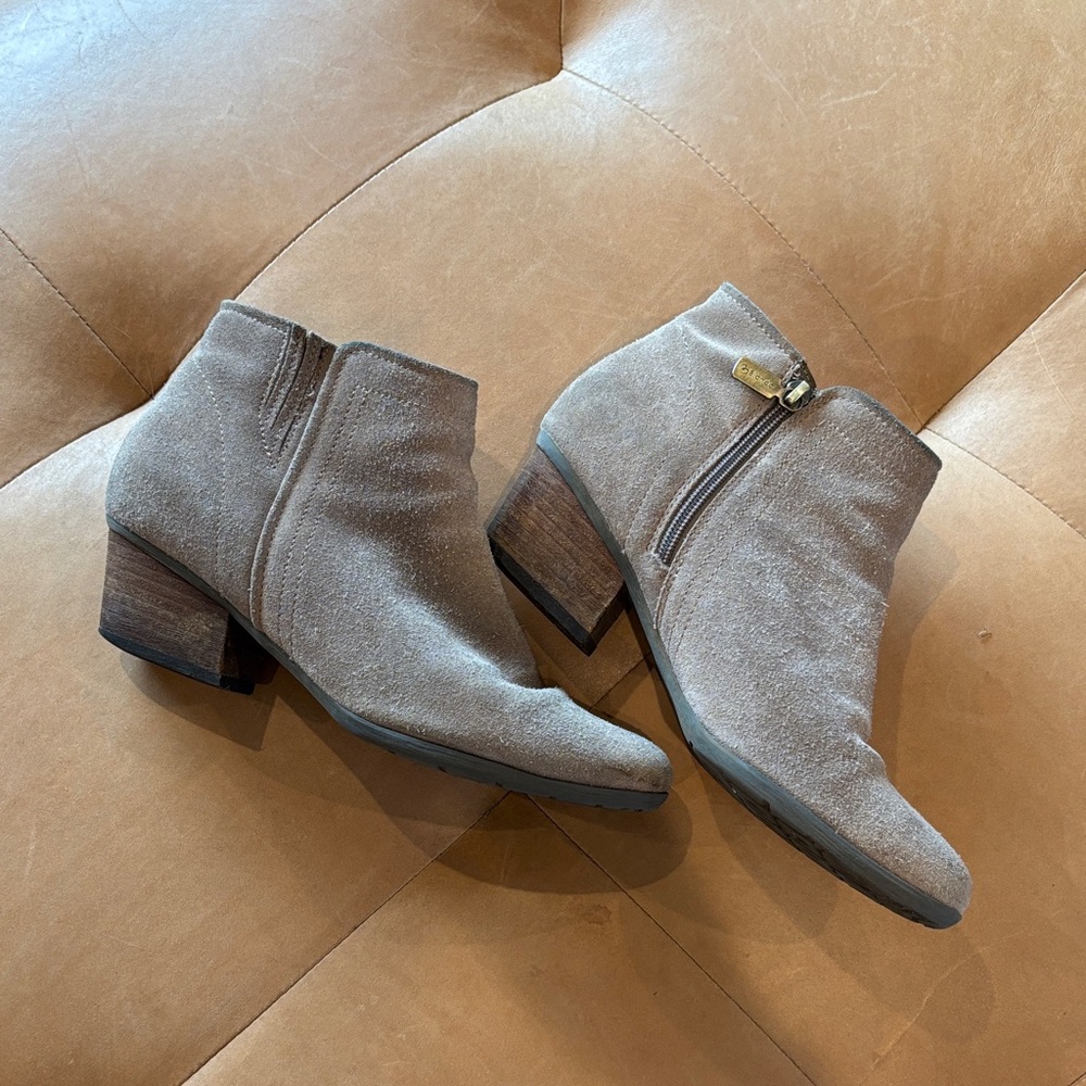 Blondo Light Taupe Suede Ankle Booties with Wood Block Heel